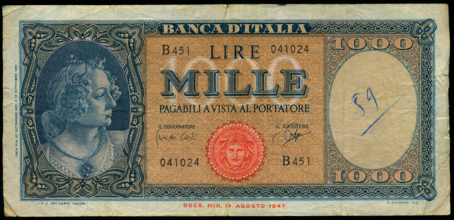 ITALY P.82 1943 1,000 Lire VF B