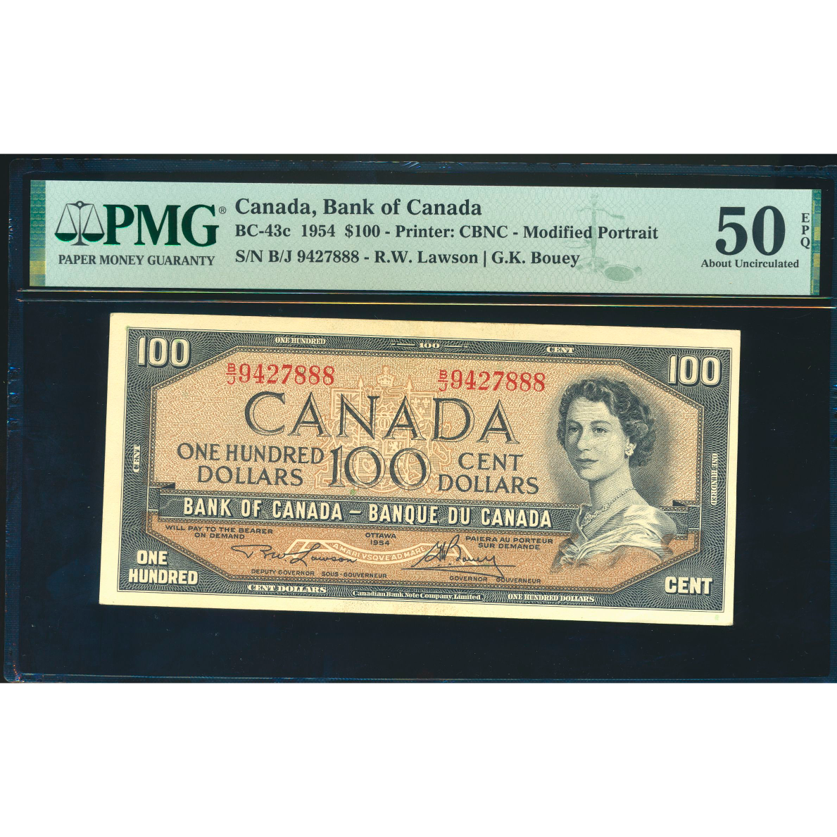 CANADA P.82c BC-43c 1954 $100 Lawson, Bouey EF B/J