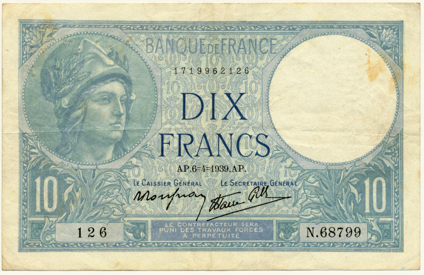 FRANCE P.84 1939 10Fr  VF/AVF