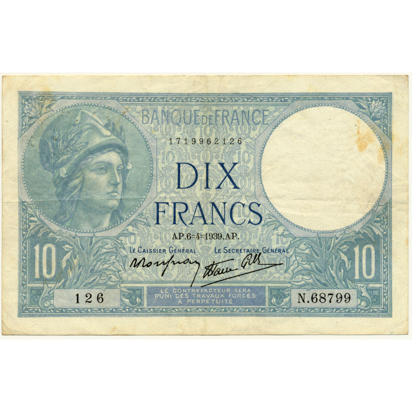 FRANCE P.84 1939 10Fr  VF/AVF