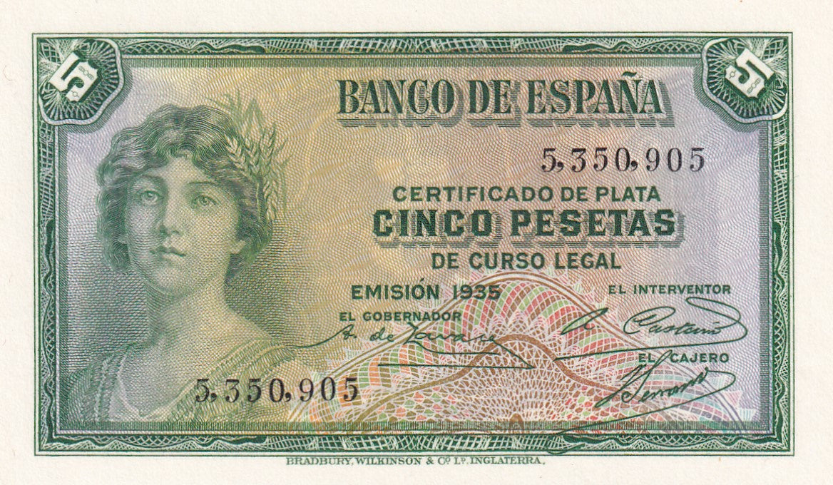 SPAIN P.85 1935 5 Peseta UNC