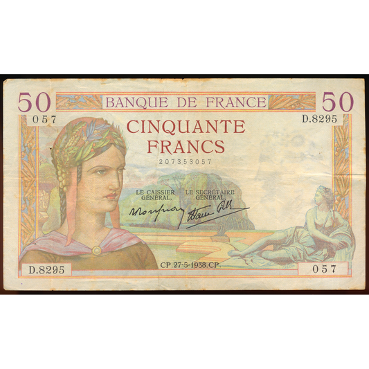 FRANCE P.85b 1938 50 Francs VF