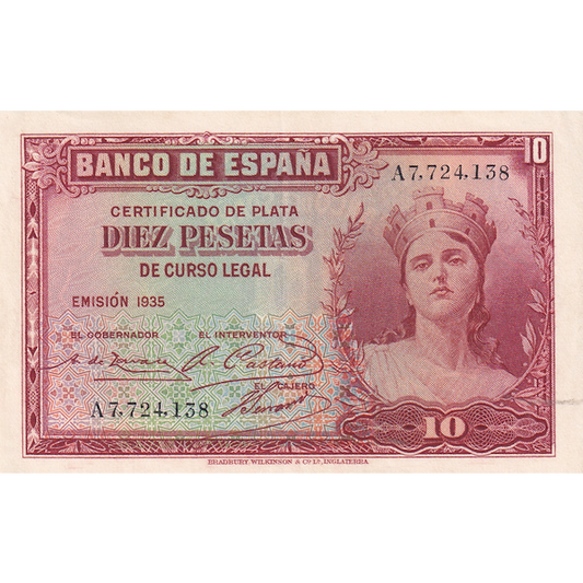 SPAIN P.86 1935 10 Peseta AUNC