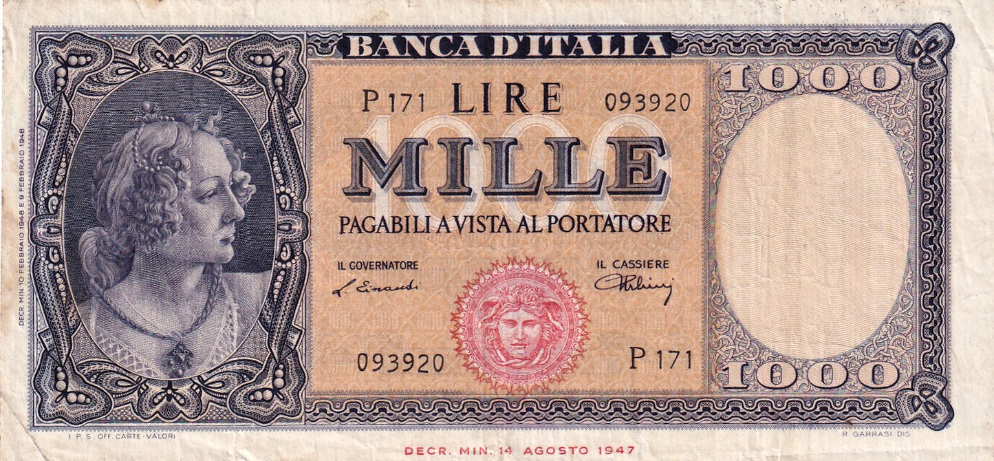 ITALY P.88a 1948 1,000 Lire VF