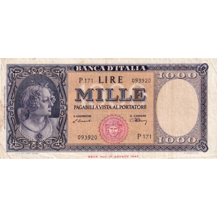 ITALY P.88a 1948 1,000 Lire VF