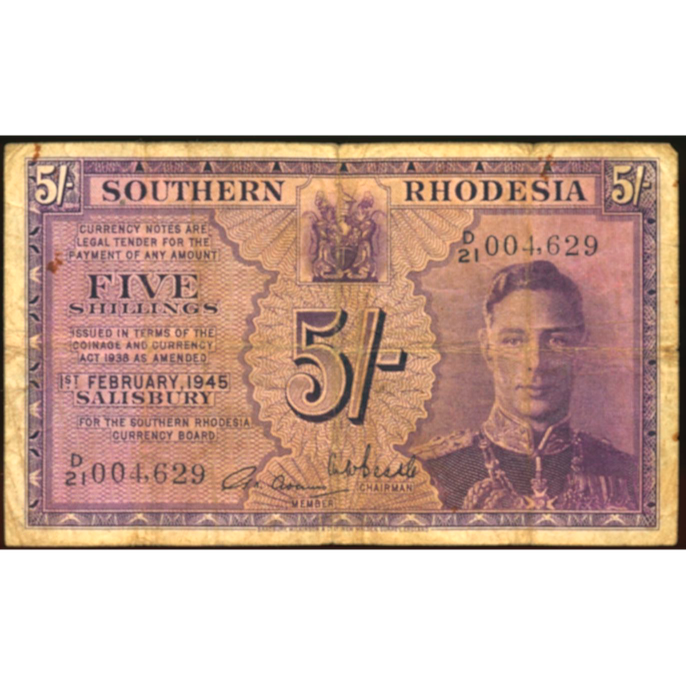 SOUTHERN RHODESIA P.8b 1945 5 Shillings F