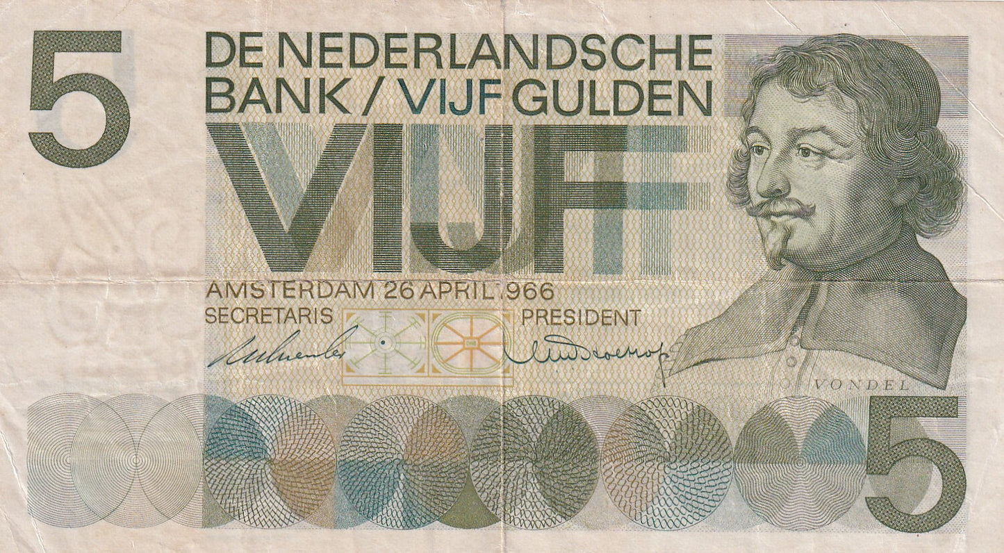 NETHERLANDS P.90 1966 5 Guilden VF