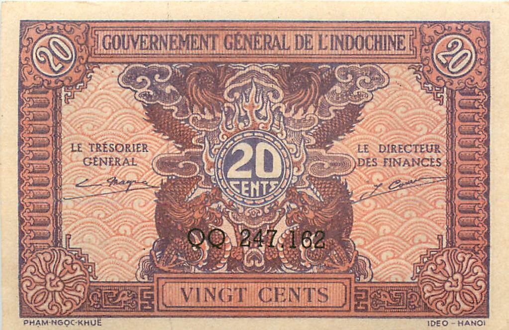 FRENCH INDO-CHINA P.90a 1942 20 Cents AUNC