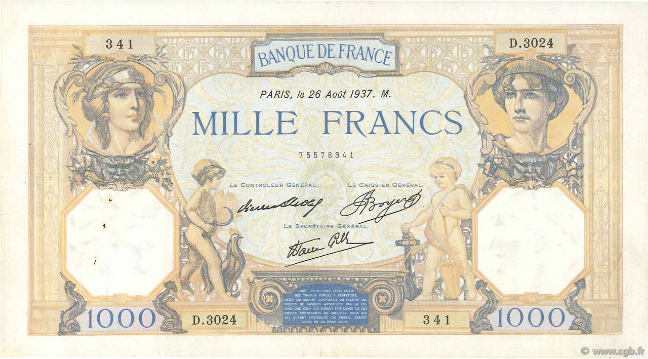 FRANCE P.90a 1937 1000Fr Bletterie, Rousseau, Favre-Gilly GVF