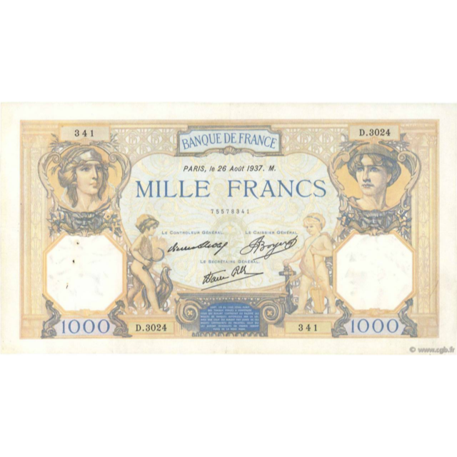 FRANCE P.90a 1937 1000Fr Bletterie, Rousseau, Favre-Gilly GVF