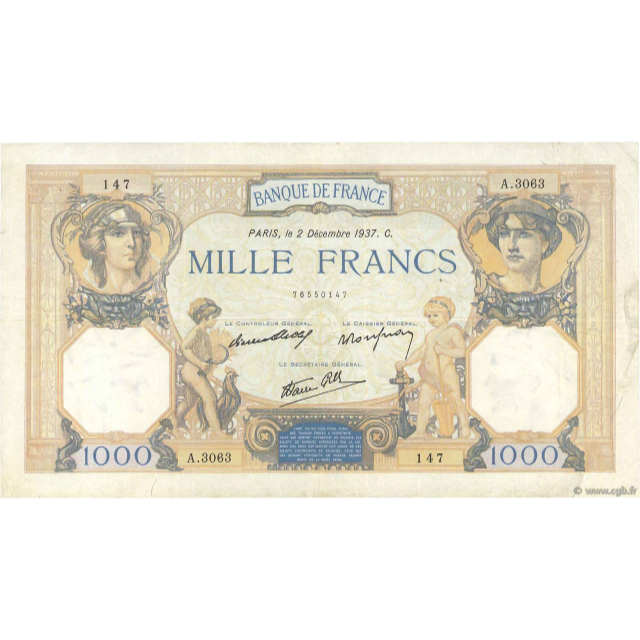 FRANCE P.90b 1937 1000Fr Bletterie, Rousseau, Favre-Gilly VF