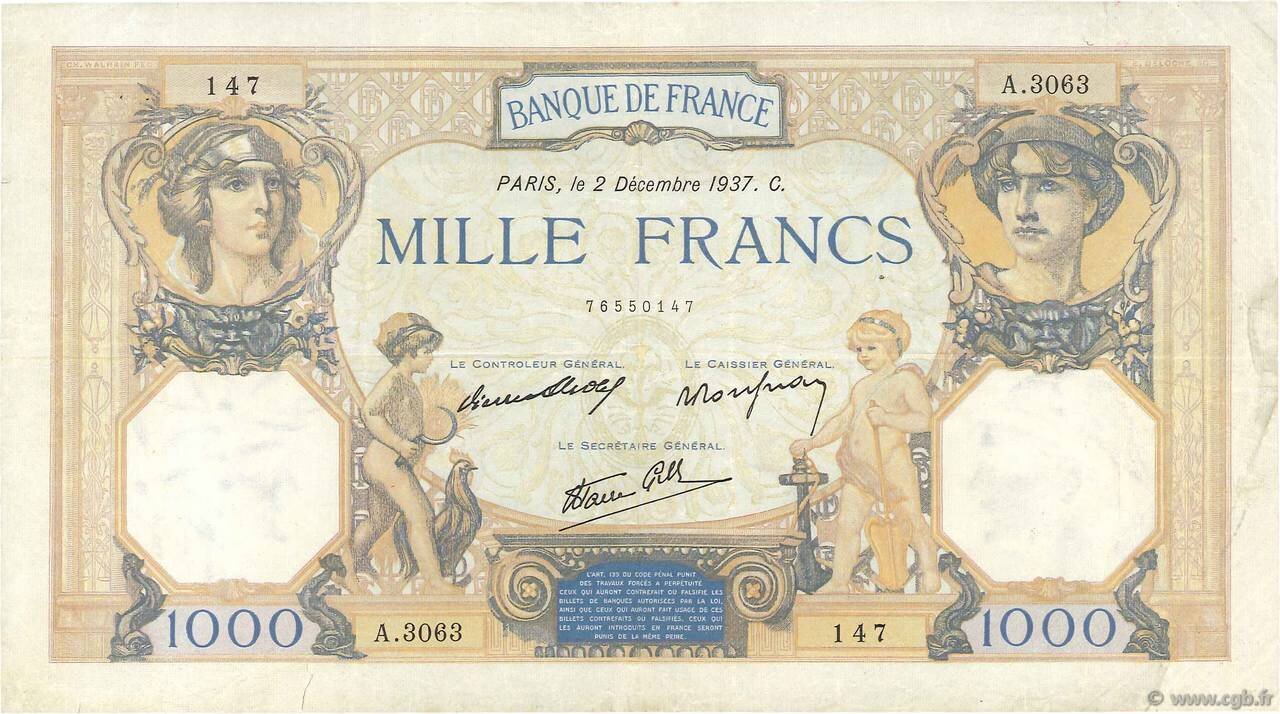 FRANCE P.90b 1937 1000Fr Bletterie, Rousseau, Favre-Gilly VF