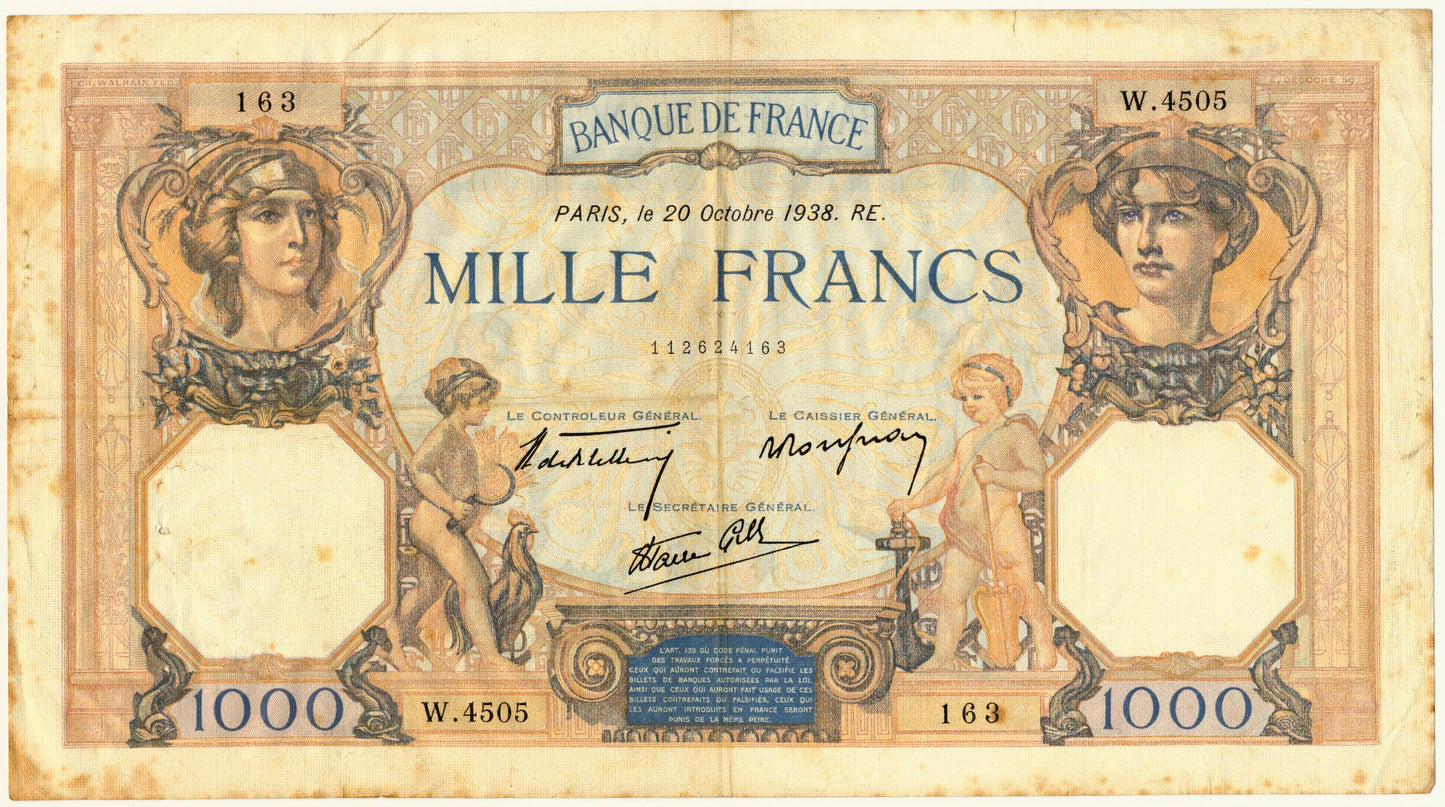 FRANCE P.90c 1938 1000Fr Bletterie, Rousseau, Favre-Gilly VF