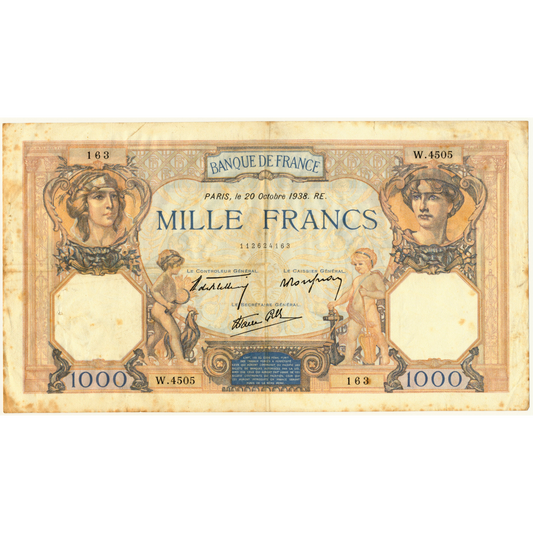 FRANCE P.90c 1938 1000Fr Bletterie, Rousseau, Favre-Gilly VF