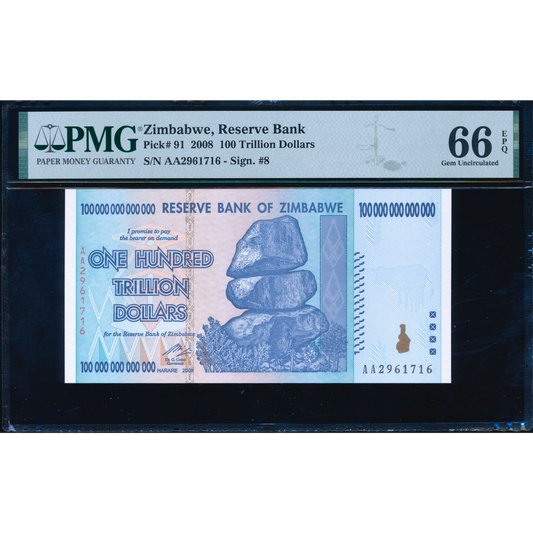 ZIMBABWE P.91 2008 100 Trillion Dollars GEM UNC 66 EPQ