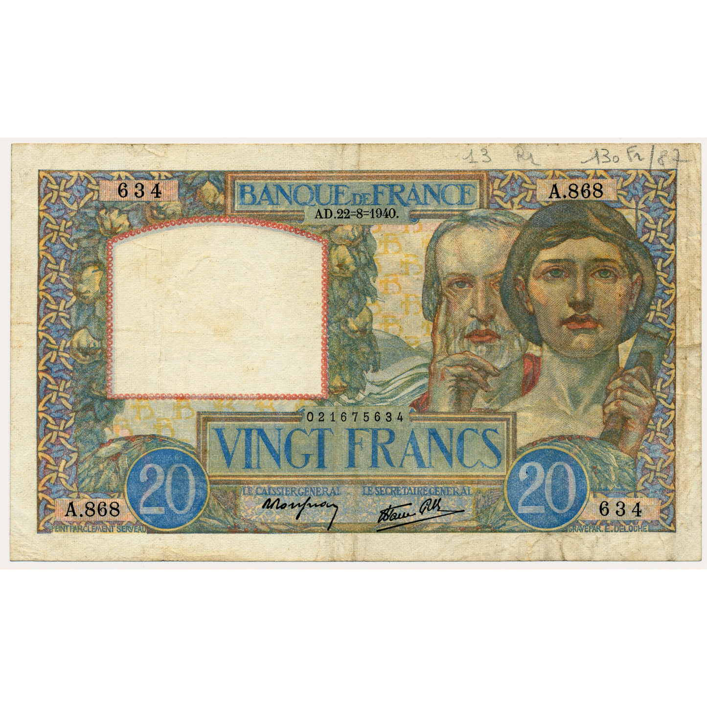 FRANCE P.92a 1940 20Fr Rousseau, Favre-Gilly VF