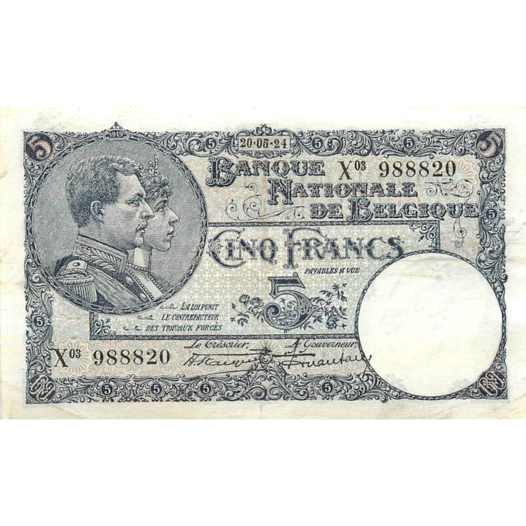 BELGIUM P.93 1924 5 Francs EF