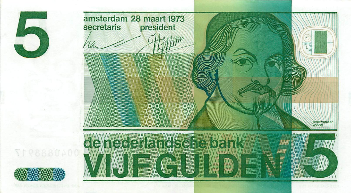 NETHERLANDS P.95a 1973 5 Guilden AUNC