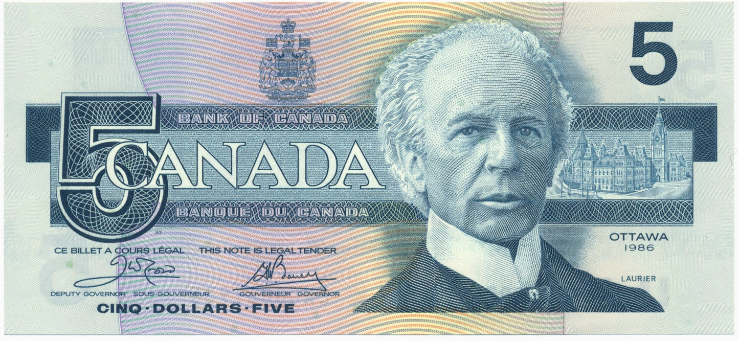 CANADA P.95a $5 1986 Crow, Bouey UNC ENC