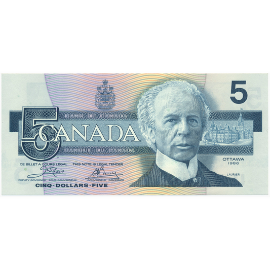 CANADA P.95a $5 1986 Crow, Bouey UNC ENC