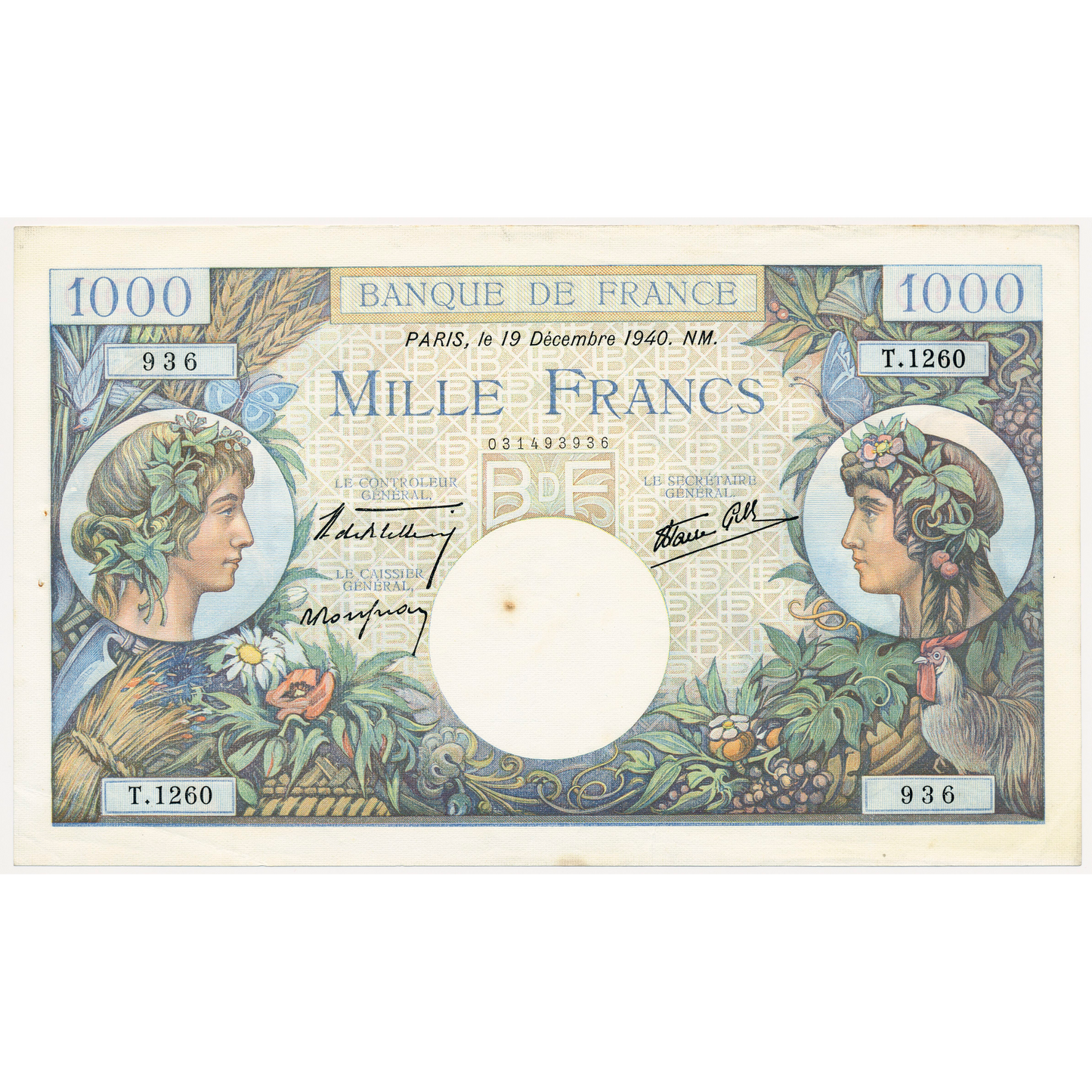 FRANCE P.96a France 1940 1000Fr Bletterie, Rousseau, Favre-Gilly GEF