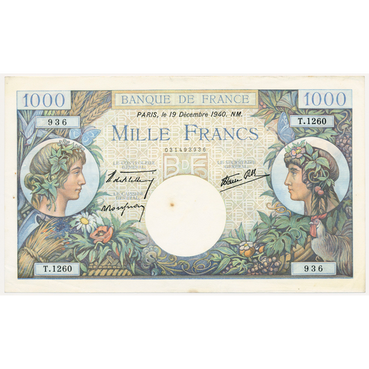 FRANCE P.96a France 1940 1000Fr Bletterie, Rousseau, Favre-Gilly GEF