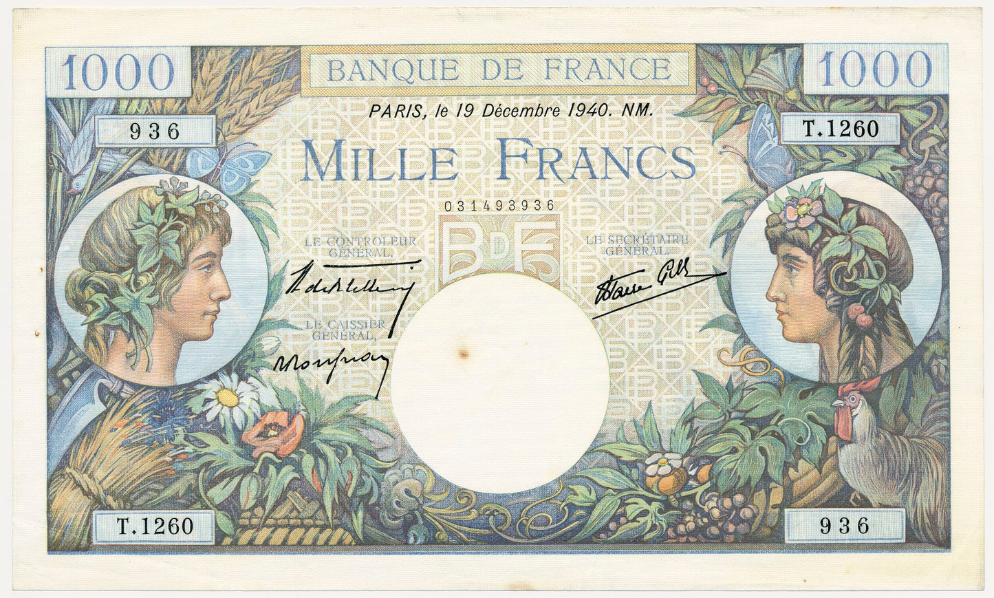 FRANCE P.96a France 1940 1000Fr Bletterie, Rousseau, Favre-Gilly GEF