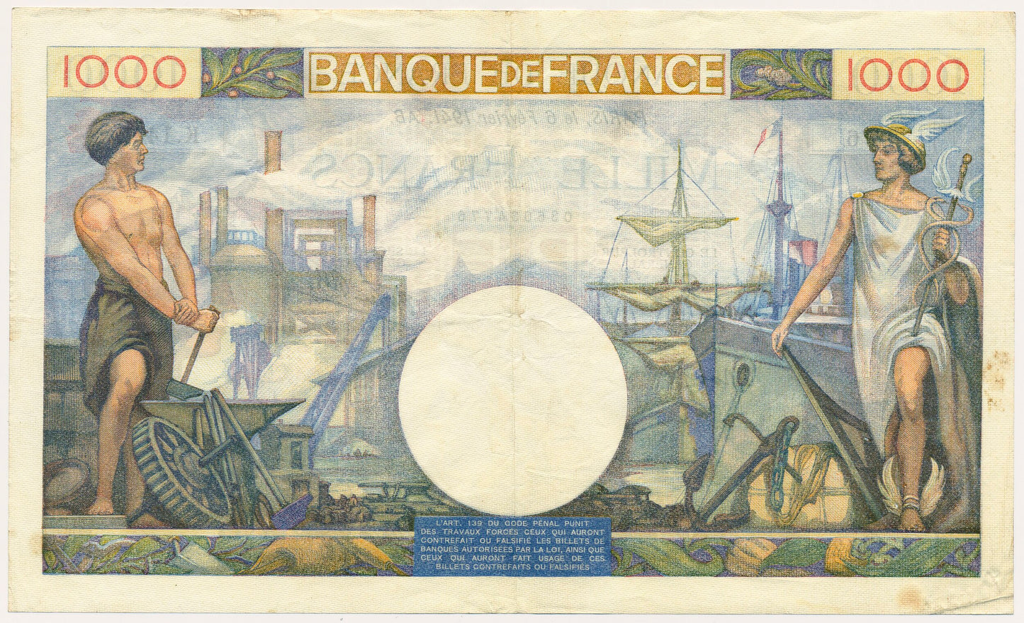 FRANCE P.96b 1941 1000Fr Belin, Rousseau, Favre-Gilly EF