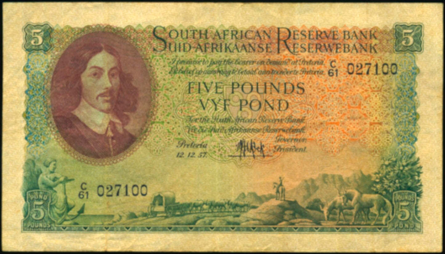 SOUTH AFRICA P.96c 1957 5 Pounds GVF C/61