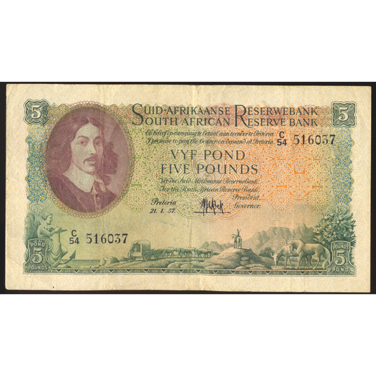 SOUTH AFRICA P.97c 1957 5 Pounds VF C/54