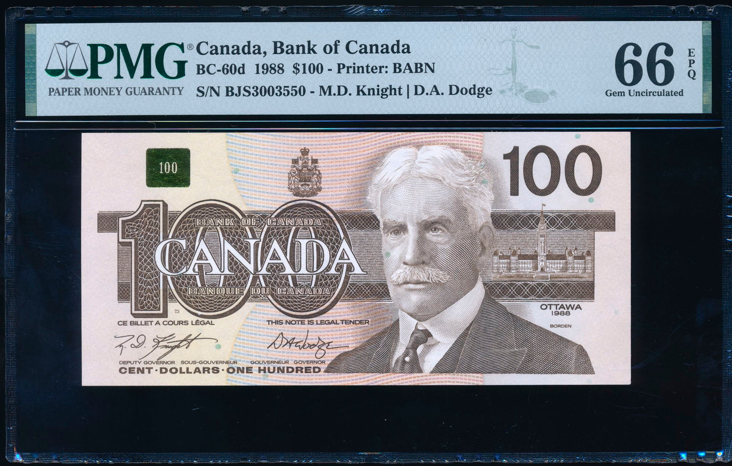 CANADA P.99d BC-60d $100 1988 Knight, Dodge GEM UNC 66EPQ