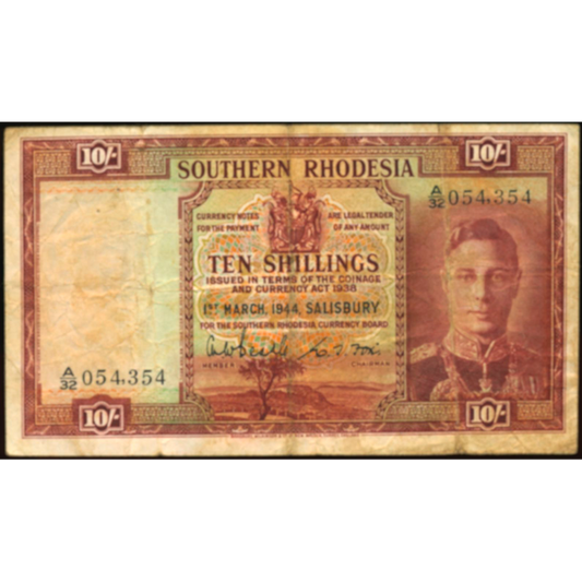 SOUTHERN RHODESIA P.9b 1944 10 Shillings AVF