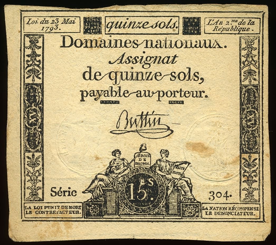 FRANCE A54 Assignat 15 Sols dated 23 May 1793 VF