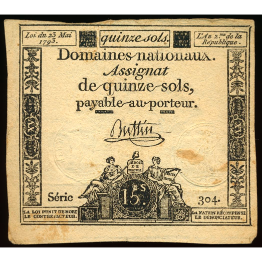 FRANCE A54 Assignat 15 Sols dated 23 May 1793 VF