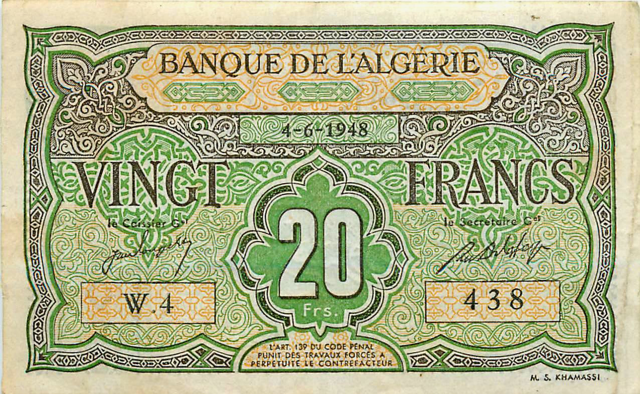 ALGERIA P.103 1948 20 Francs VF