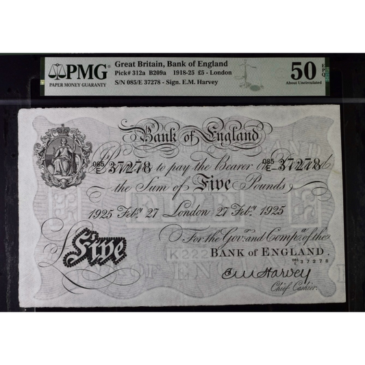 P.312a B209a 1925 Bank of England Harvey £5 085E AUNC 50 EPQ