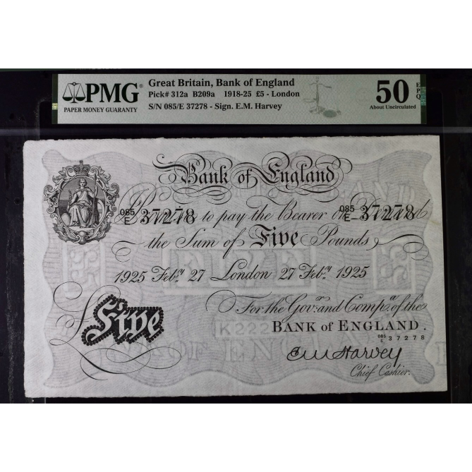 ENGLAND P.312a B209a 1925 Harvey £5 085E AUNC 50 EPQ
