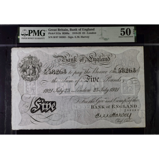 P.312a B209a 1921 Bank of England Harvey £5 B87 AUNC 50 EPQ