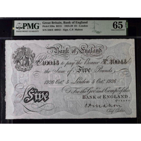 P.320a B215 1926 Bank of England Mahon £5 336E GEM UNC 65 EPQ TOP POP