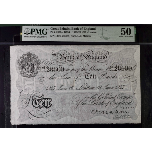 P.321a B216 1927 Bank of England Mahon £10 133L AUNC 50