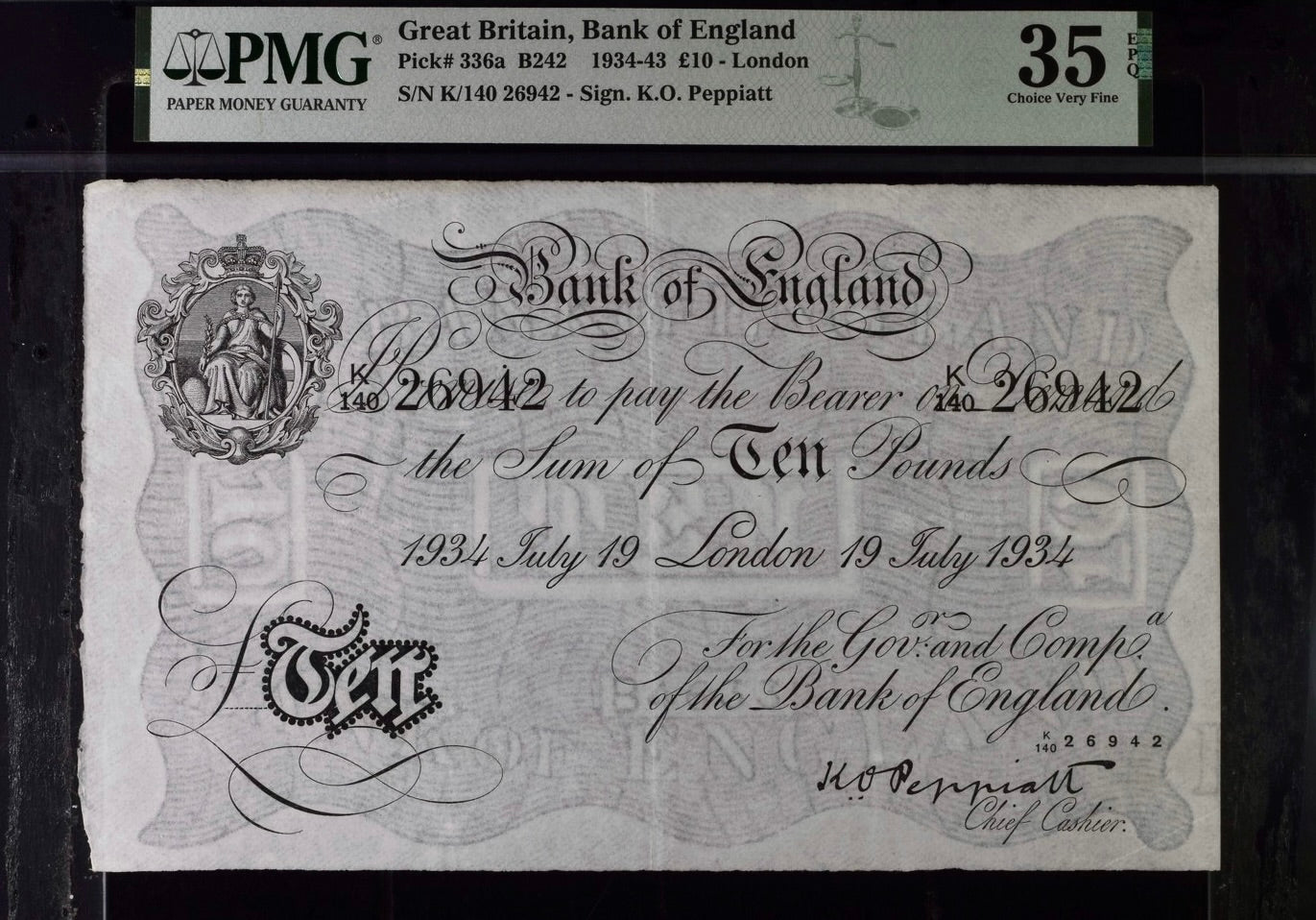 ENGLAND P.336a B242 1934 Peppiatt £10 K140 Choice VF 35 EPQ