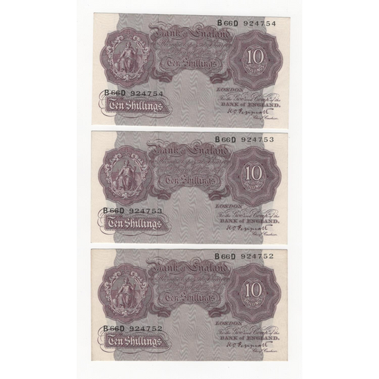 P.366 B251 1940-1948 Bank of England Peppiatt 10s 3 consecutive UNC notes