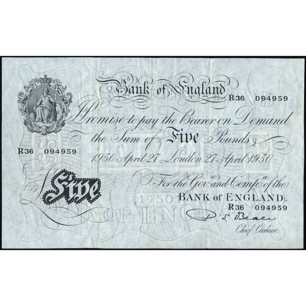 ENGLAND P.344 B270 1950 Beale £5 EF R36