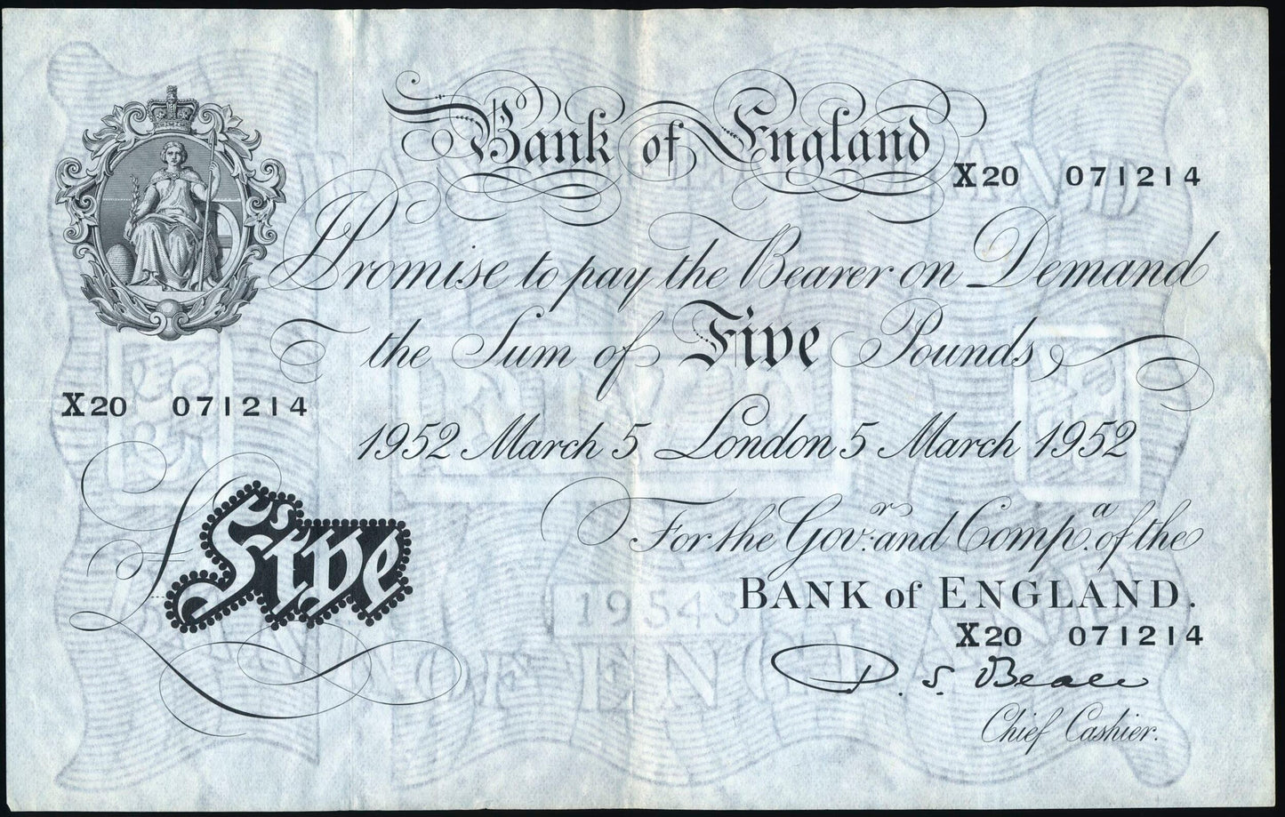 P.344 B270 1952 Bank of England Beale £5 NEF X20