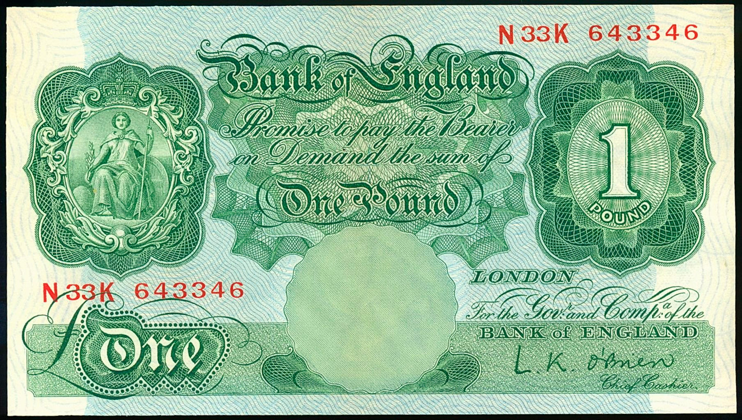 ENGLAND P.369c B273 1955-1960 O'Brien £1 AUNC N33K