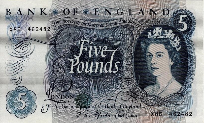 P.375b B312 1966-1970 Bank of England Fforde £5 GEF X85