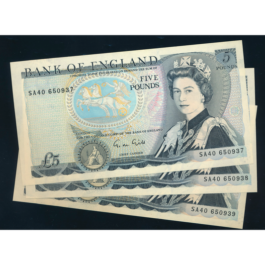 P.378f B353 1988-1991 Bank of England Gill £5 UNC SA40 3 consecutive notes
