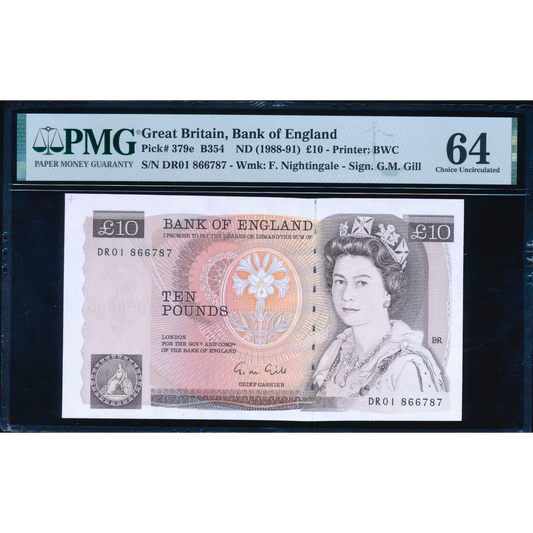 P.379e B354 1988-1991 Bank of England Gill First run DR01 £10 CHOICE UNC 64 PMG