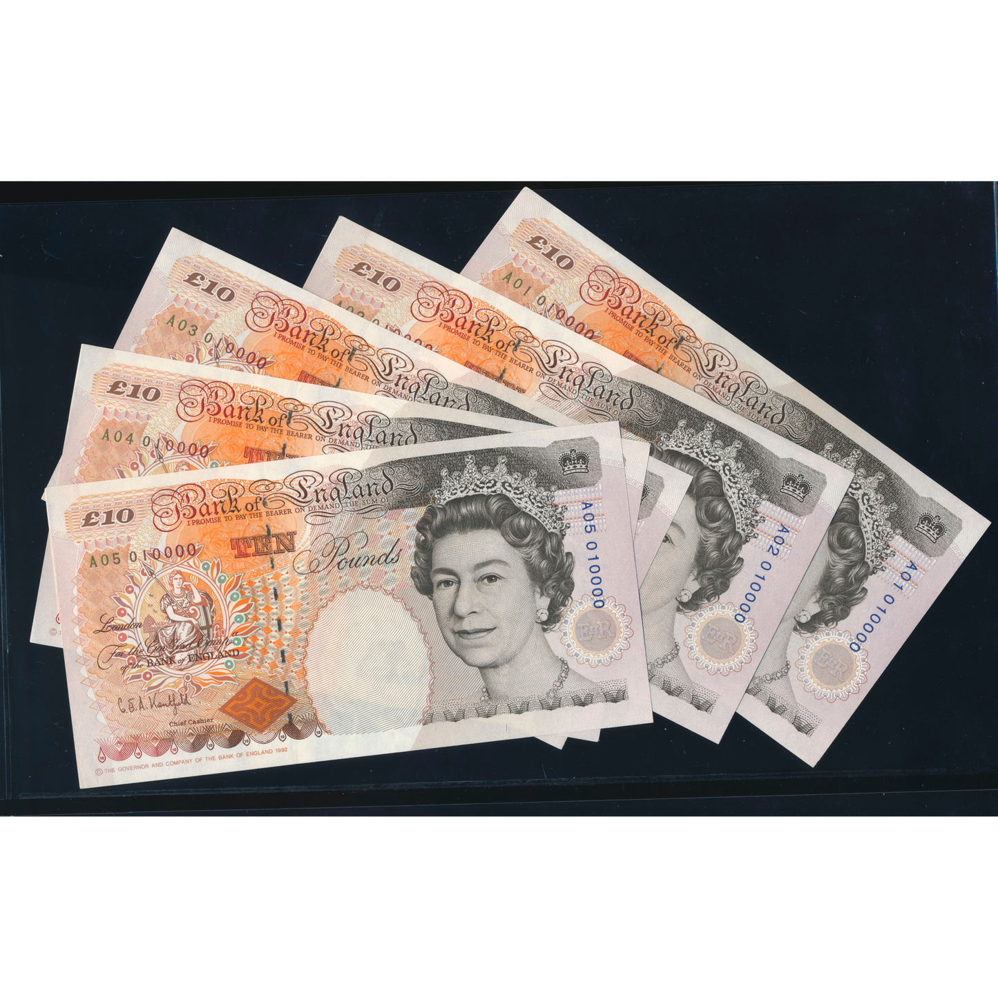 ENGLAND P.383a B366 1992-1993 Kentfield £10 UNC 5 consecutive notes A01 to A05