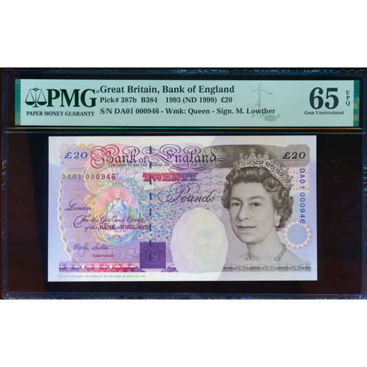 P.387b B384 1999 Bank of England Lowther First run £20 DA01 000946 65EPQ GEM UNC